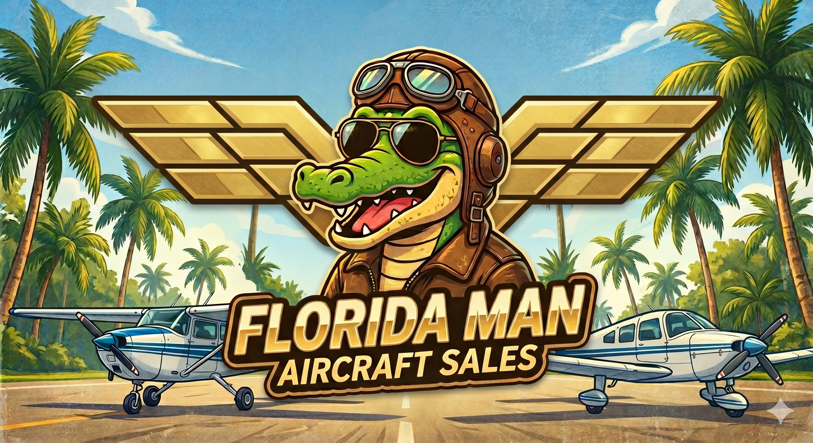 Florida Man Aircraft Sales — alligator pilot with goggles, gold wings, palm trees, and two airplanes on a runway